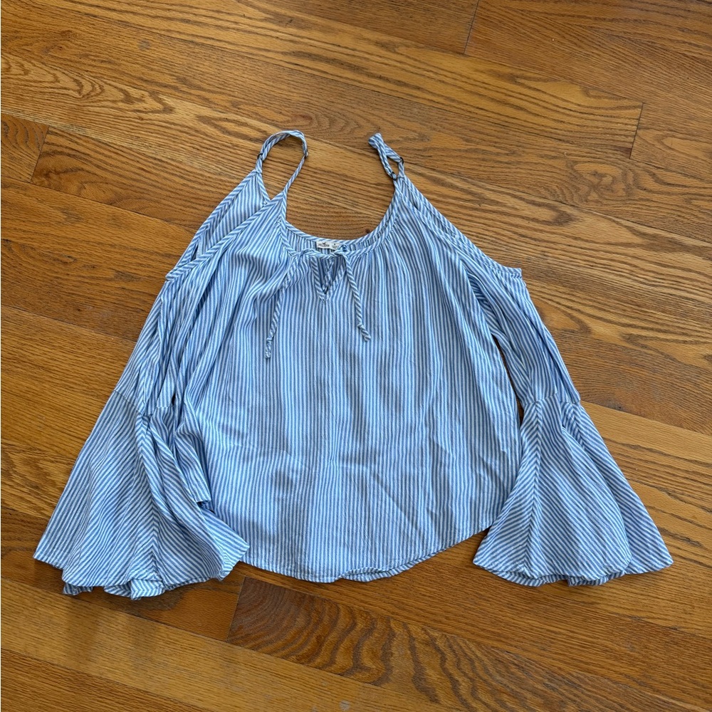 Hollister Blue and White Striped Off-Shoulder Blouse